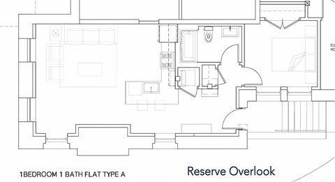 Floor plan for 1 bed, 1 bath, 677 sqft